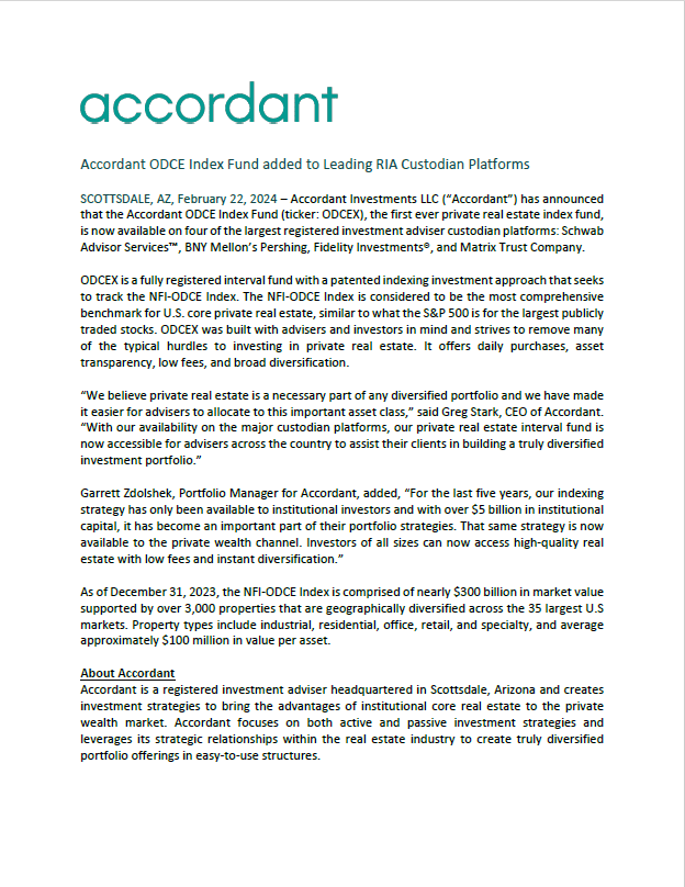 Accordant ODCE Index Fund added to Leading RIA Custodian Platforms