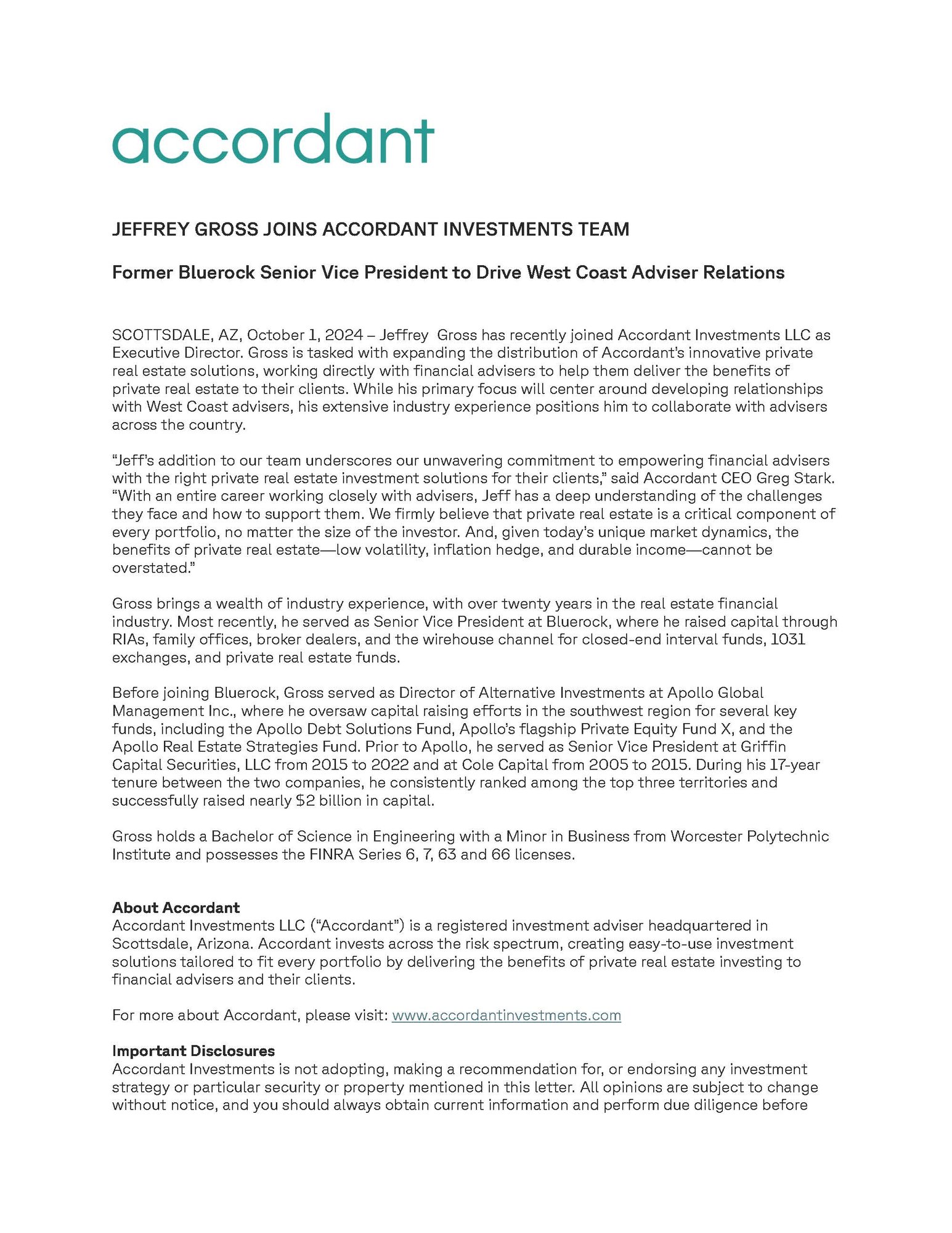 Jeffrey Gross Joins Accordant Press Release Thumbnail